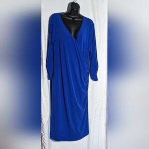 Royal Blue Susan Graver Dress, faux wrap, v-neck, ruched waist & sleeves | Sz 1X